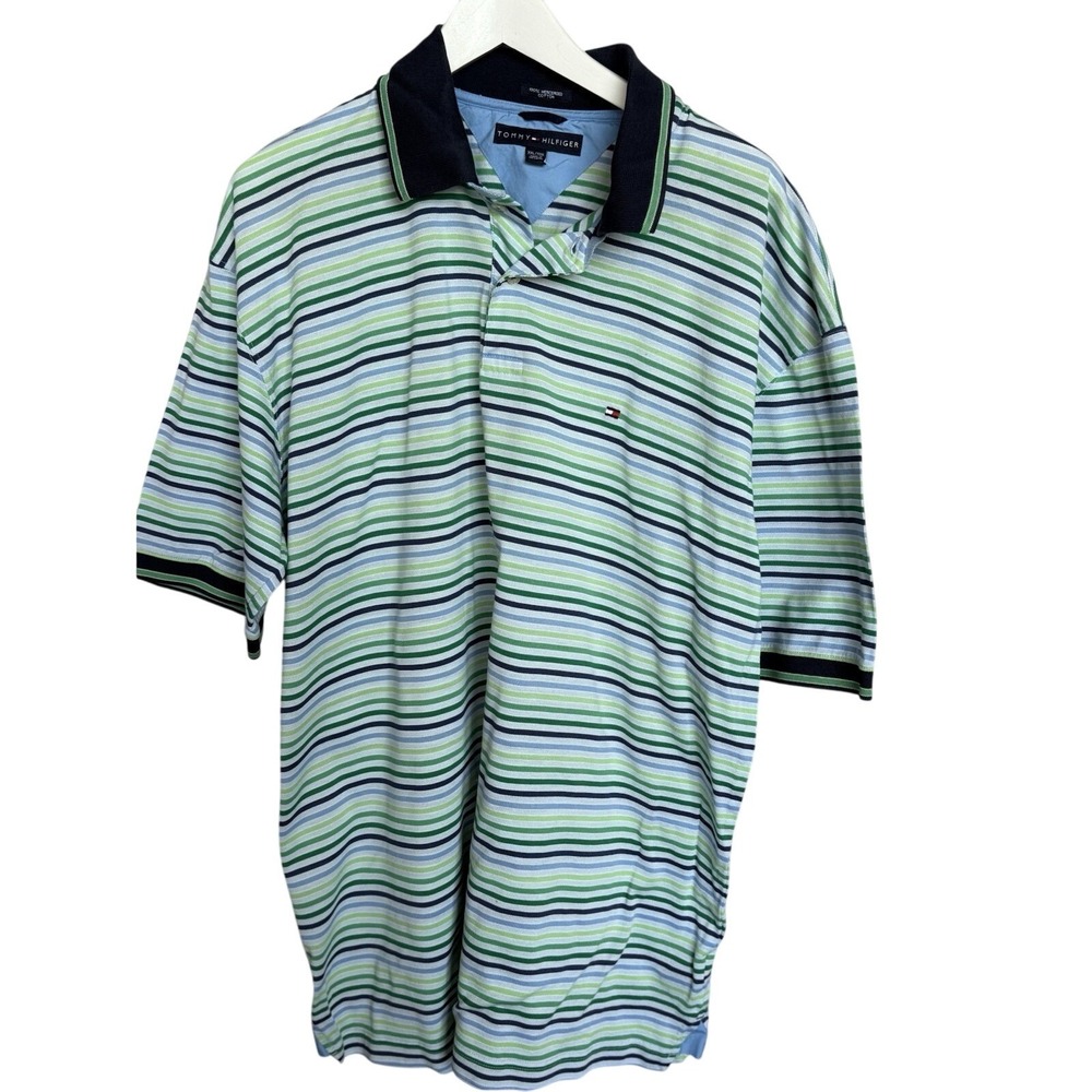 Tommy Hilfiger Striped Polo Men's XL‎ Embroidered Short Sleeve Green Blue